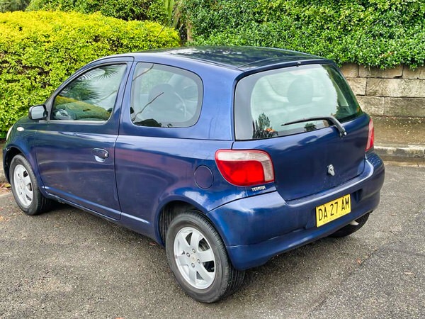 Sell Toyota Echo for Cash in Sydney - Photo of the front passengers side angle view from the back of a used Toyota Echo in Blue purchased from a customer online