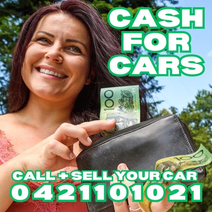 Photo of an advert showing a woman with her purse in her hand who got paid in cash by selling a used car to We Buy Sydney Cars in Botany in Sydney